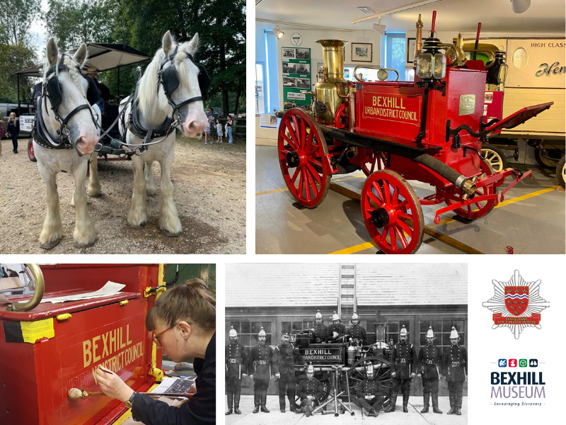 Two gentle giants - shire horses Rick & Flint - meet our own heavy metal hero, the 1895 Bexhill Merryweather fire engine (weather permitting).