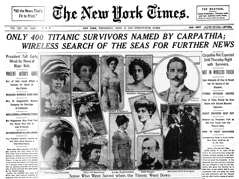 Front page of the New York Times reporting the sinking of the Titanic.