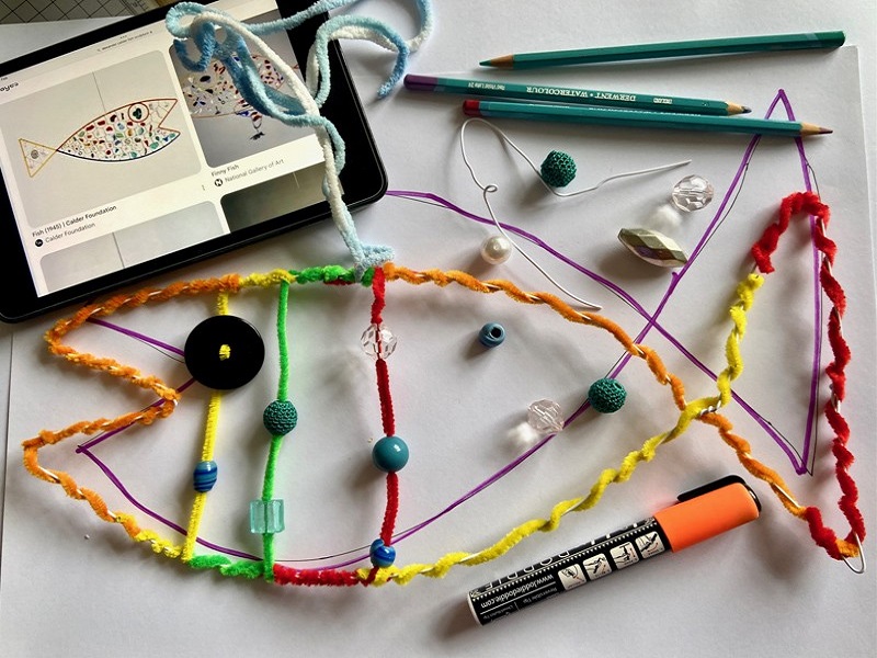 Inspired by the wonderful mobiles of artist, Alexander Calder, everyone will make their own Fishy Mobile to hang at home - a large fish from wire, buttons and beads with a shoal of colourful swimming paper fish, drawn from Bexhill Museum’s Fishy Life!!