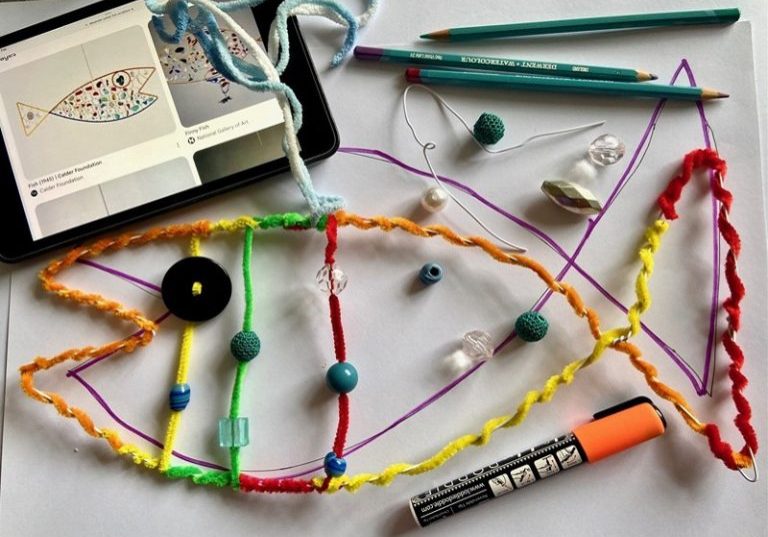 Inspired by the wonderful mobiles of artist, Alexander Calder, everyone will make their own Fishy Mobile to hang at home - a large fish from wire, buttons and beads with a shoal of colourful swimming paper fish, drawn from Bexhill Museum’s Fishy Life!!