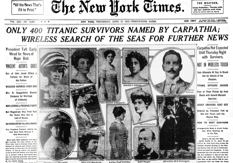 Front page of the New York Times reporting the sinking of the Titanic.