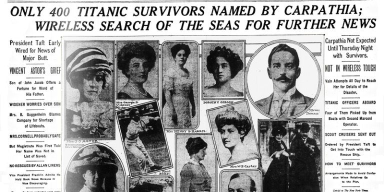 Front page of the New York Times reporting the sinking of the Titanic.